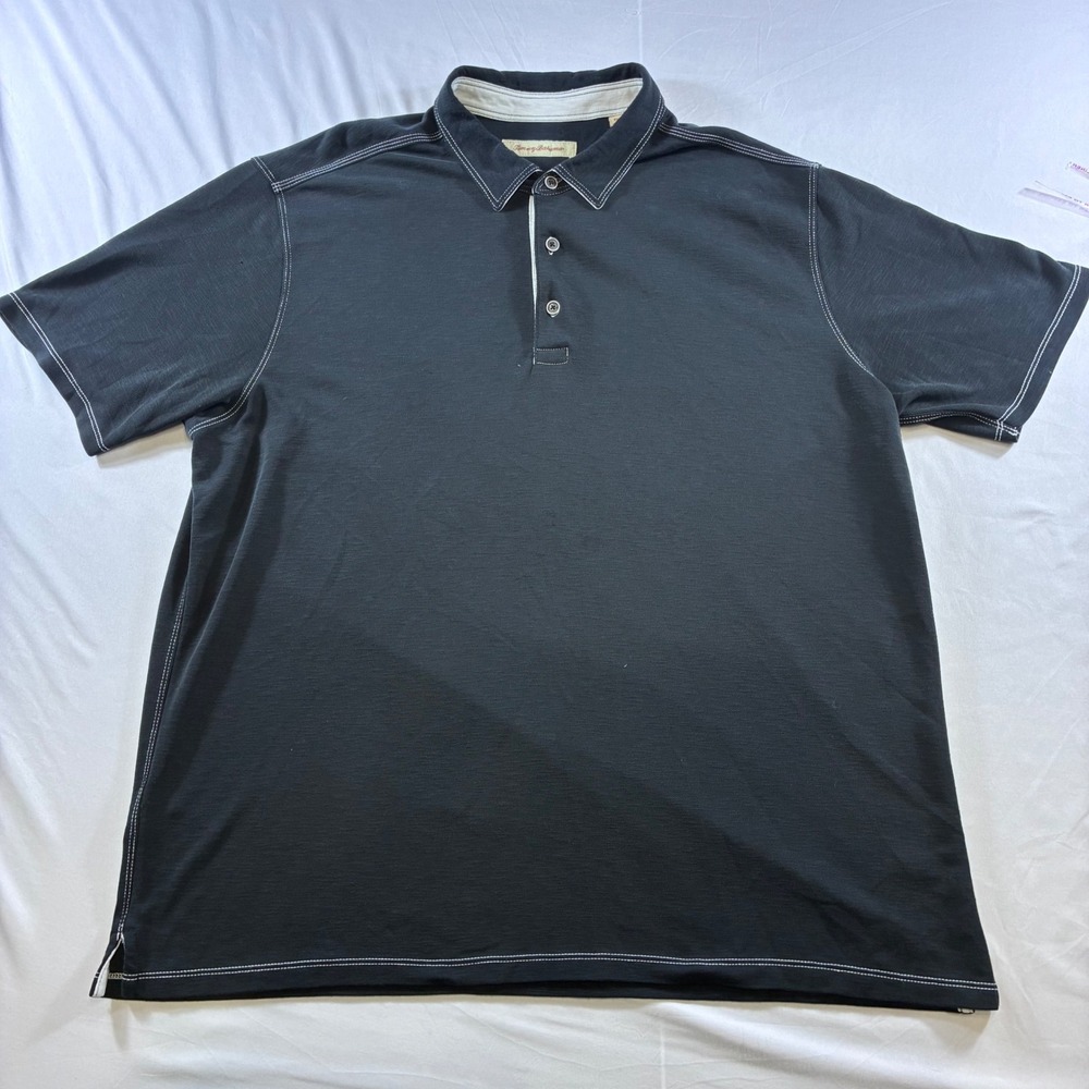 Tommy Bahama Mens XXL Black Modal Blend Contrast Stitch Short Sleeve Polo Shirt
